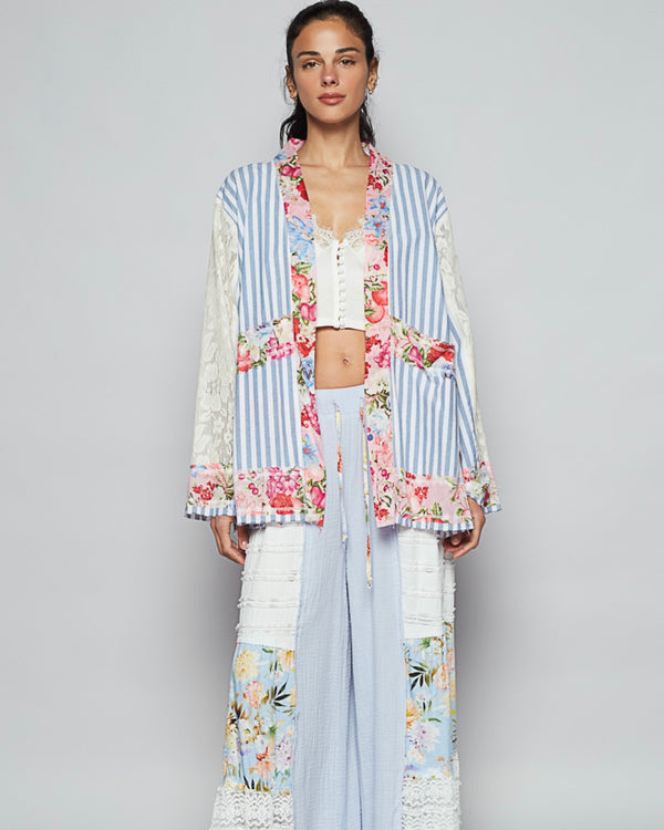 Blue & White Strip Floral and Lace Mix Long Sleeve Open Front Cardigan Top