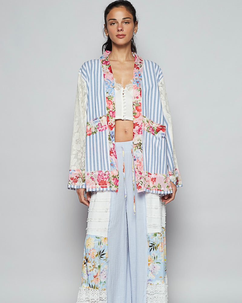Blue & White Strip Floral and Lace Mix Long Sleeve Open Front Cardigan Top