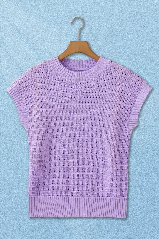 Lilac Purple Light Knit Short Cap Sleeve Crew Neck Sweater Top