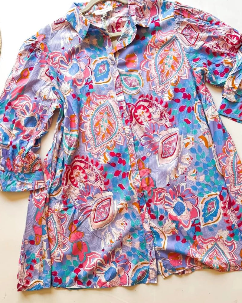 Blue, Lavender & Pink Floral Paisley Mixed Print 3/4 Cuff Sleeve Button Down Collared Tunic Swing Top