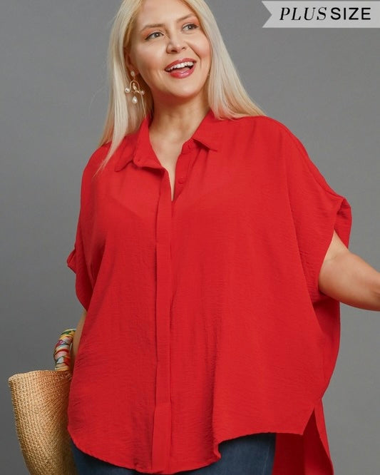 Pumpkin, Black, Pink, Red, Teal or Purple Flowy Boxy Short Sleeve Button Front Blouse