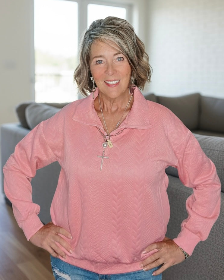 Pink Textured Long Sleeve Zip Neck Pullover Band Waist Top