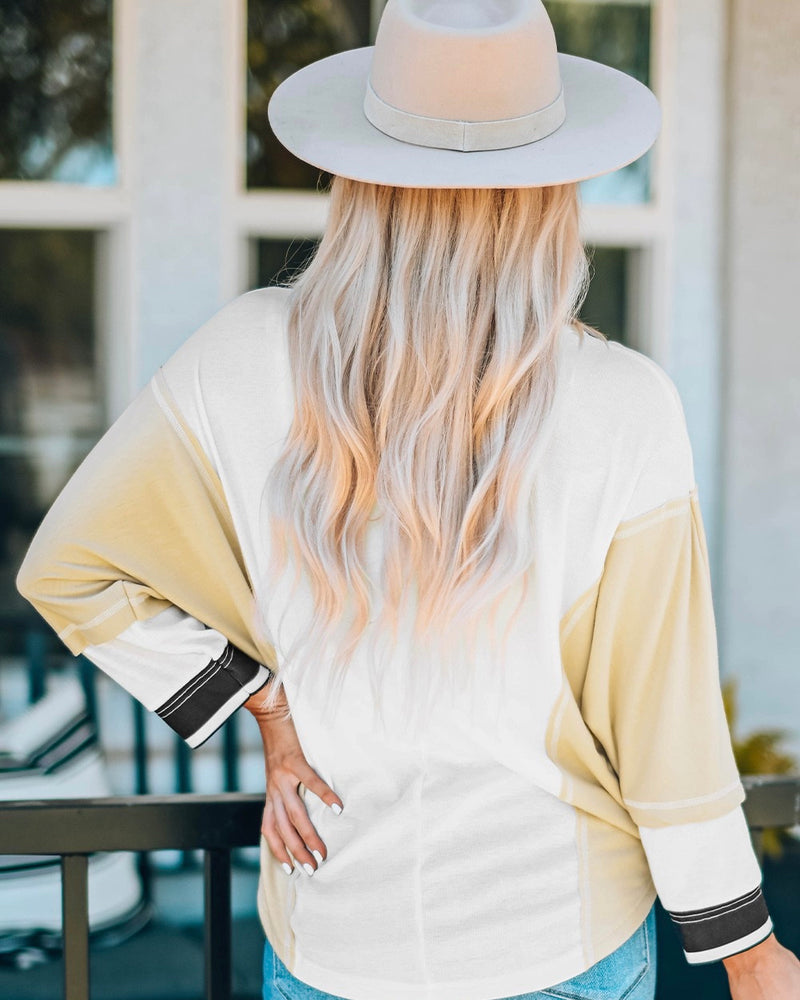 White and Tan Color Block Style Henley Buttoned Long Sleeve Top