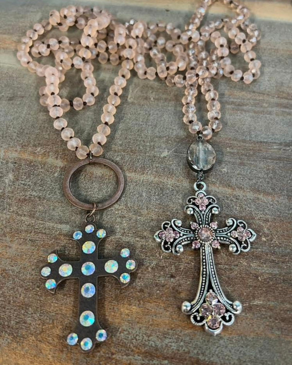 Light Pink Beaded Necklace with Silver Cross Pendant Embellished with Pink Rhinestones