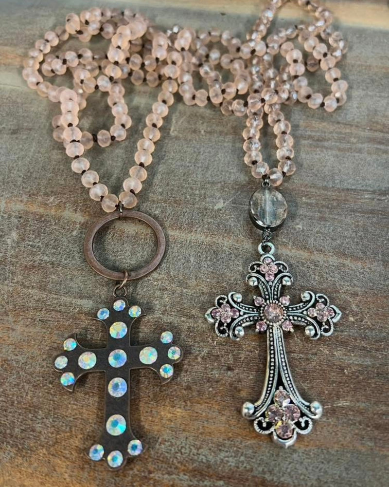 Light Pink Beaded Necklace with Silver Cross Pendant Embellished with Pink Rhinestones