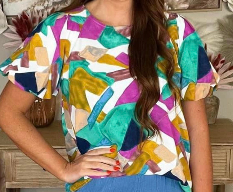 Teal, Purple, Gold & Blue Paint Abstract Puff Bubble Short Sleeve Top