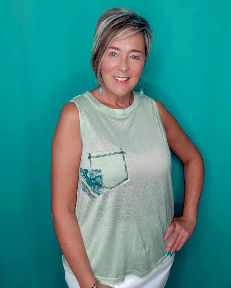 Solid Sage Green Boho Sleeveless Tank Front Pocket Tshirt Top