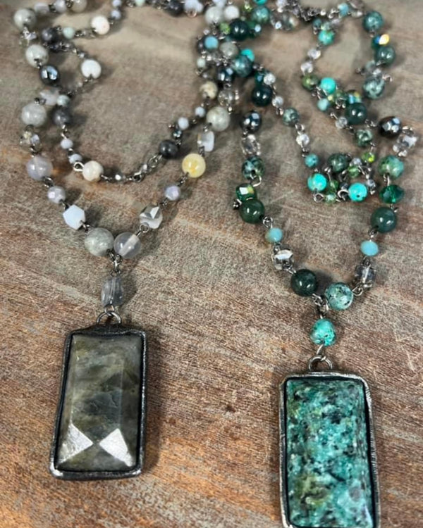 Double Layer Blue Neutral Color Tone Beaded Necklace with Neutral Color Rectangle Pendant