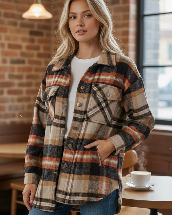 Brown & Pumpkin Spice Rust Plaid Flannel Button Down Wool Shacket