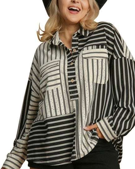 Black & White Contrasting Color Block Striped Long Sleeve Button Down Blouse