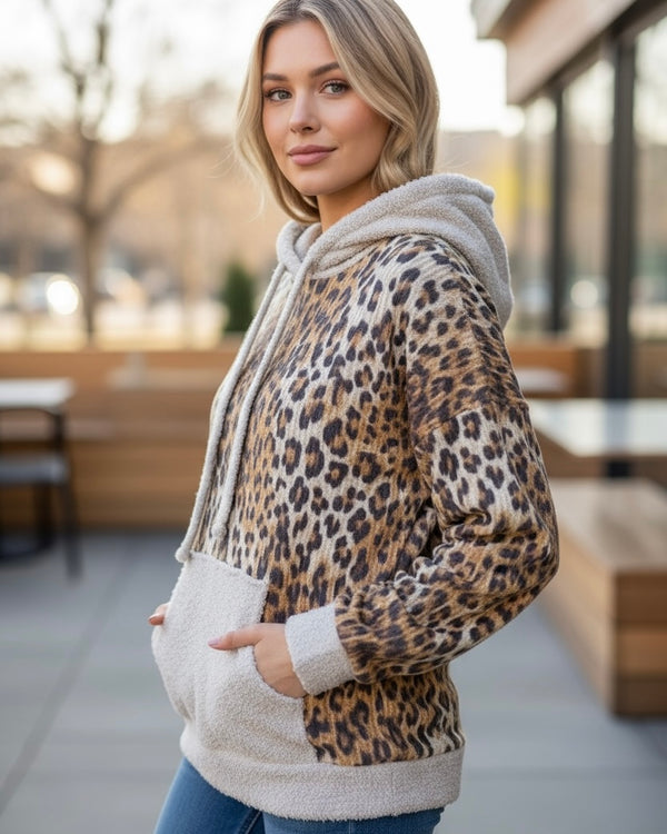 Beige or Mauve Fleece Long Sleeve Drawstring Hoodie Hand Warmer Top