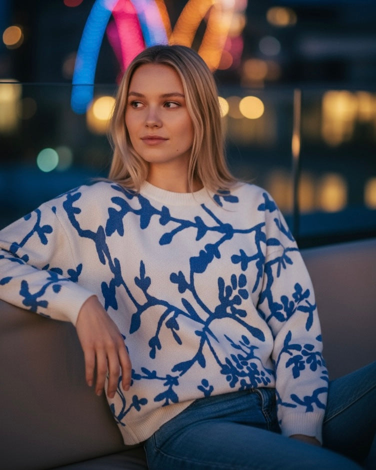 White with Blue Abstract Branch Print Long Sleeve Light Knit Top
