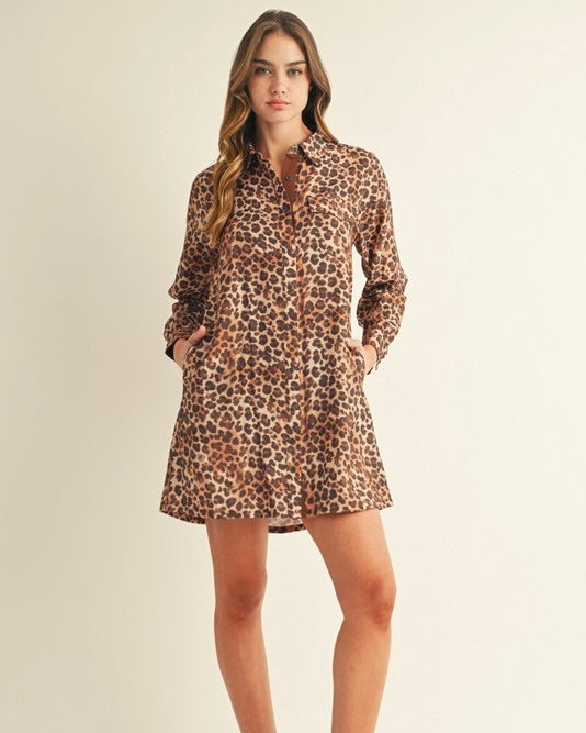 Brown Solid Contrast Accent Leopard Button Down Long Sleeve Shirt Tunic Dress