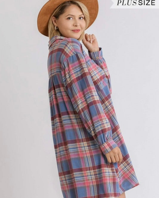 Plus Size Blue & Purple Plaid Button Down Long Sleeve Tunic Dress