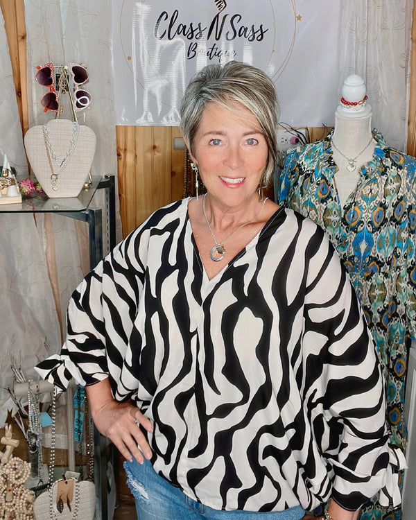 Black & White Wavy Abstract Zebra Print Dolman Pancho Style Ribbon Tie Sleeve Relaxed Fit Top