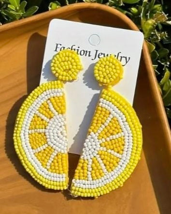 Beaded Yellow Lemon Fruit Drop Post Earrings