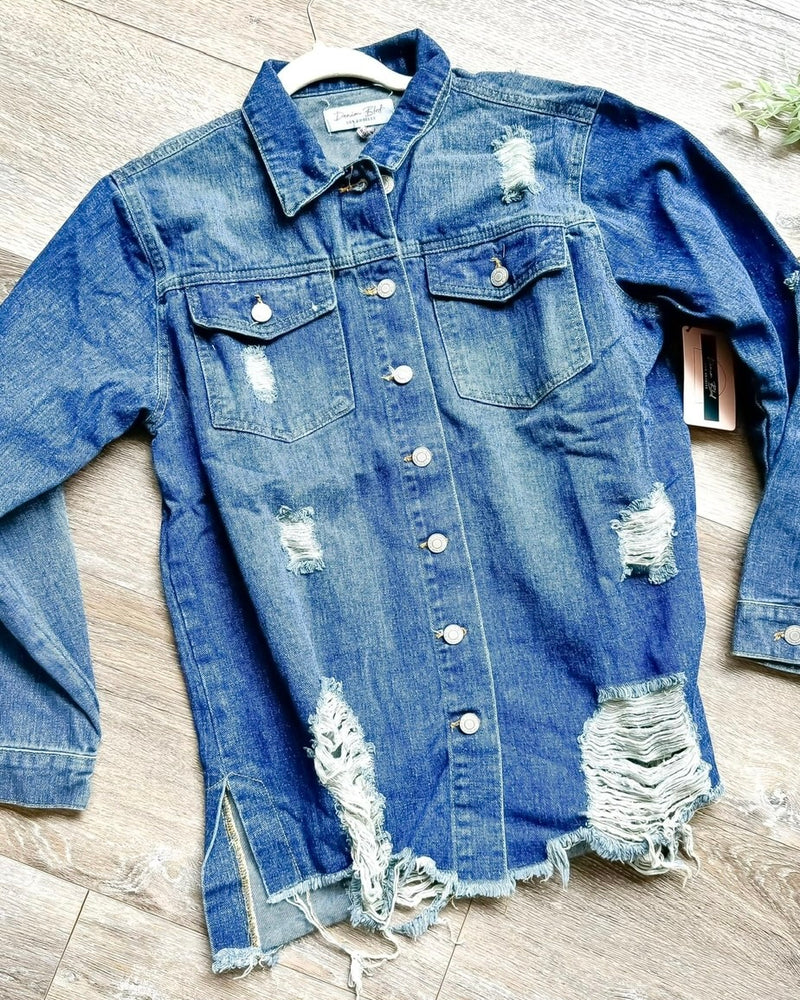 Blue Jean Denim Distressed Long Sleeve Big Pocket Shirt Jacket