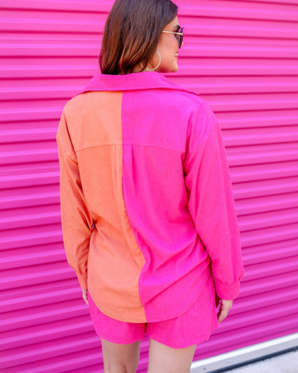 Pink & Orange Color Block Livy Corduroy Button Down Top & Short Set