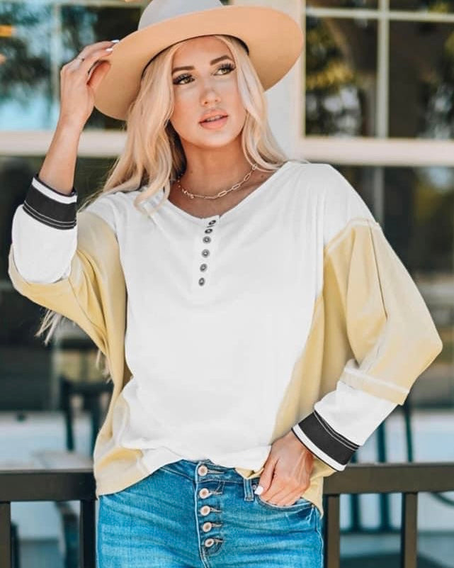 White and Tan Color Block Style Henley Buttoned Long Sleeve Top