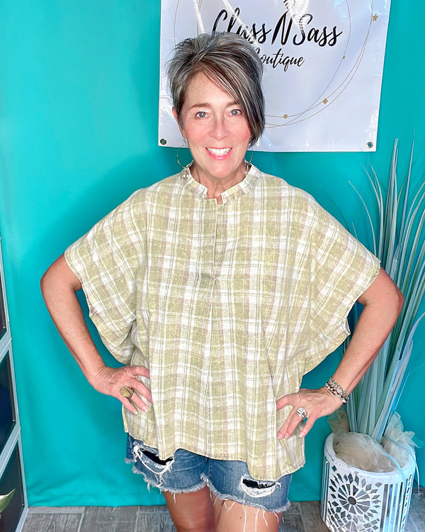 Faded Sage Green Mineral Wash Loose Fit Boxy Plaid Short Dolman Sleeve Top