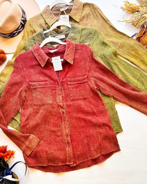 Terra Cotta Rust, Olive Green or Golden Tan Lighweight Gauze Mineral Wash Long Sleeve Top