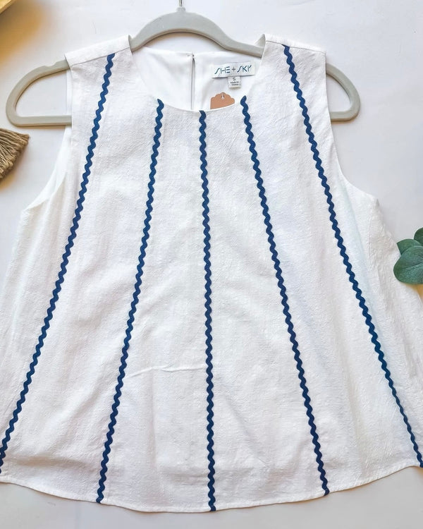 White Blue Ric Rac Stripe A-Line Sleeveless Top