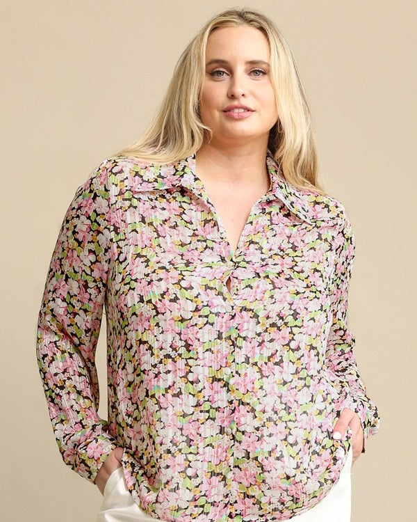 Green or Pink Gold Thread Black & White Floral Print Long Sleeve Blouse