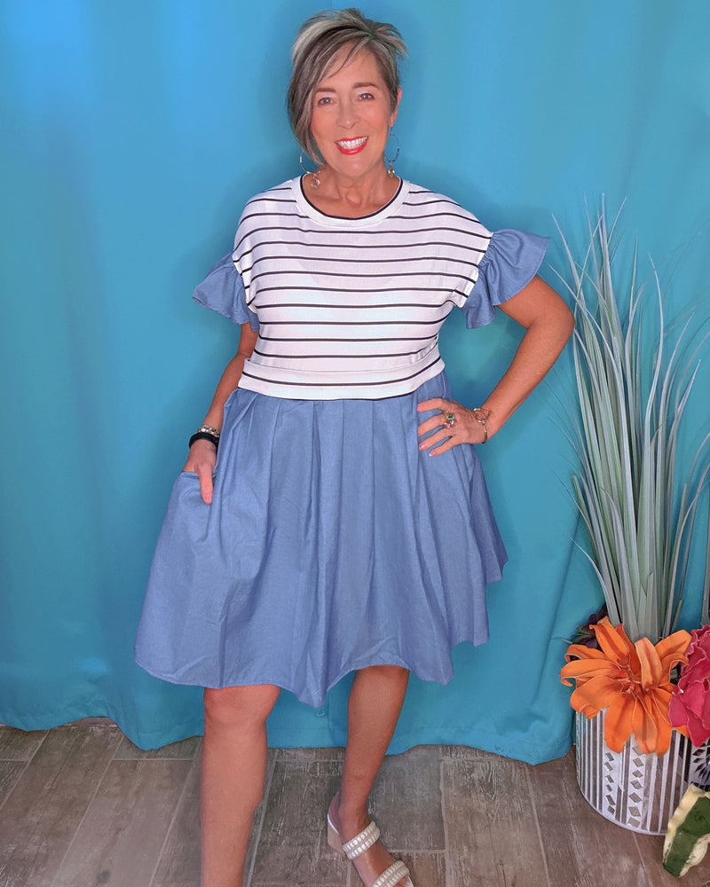 Chic Denim & Black & White Stripe Mini Ruffle Cap Sleeve Dress