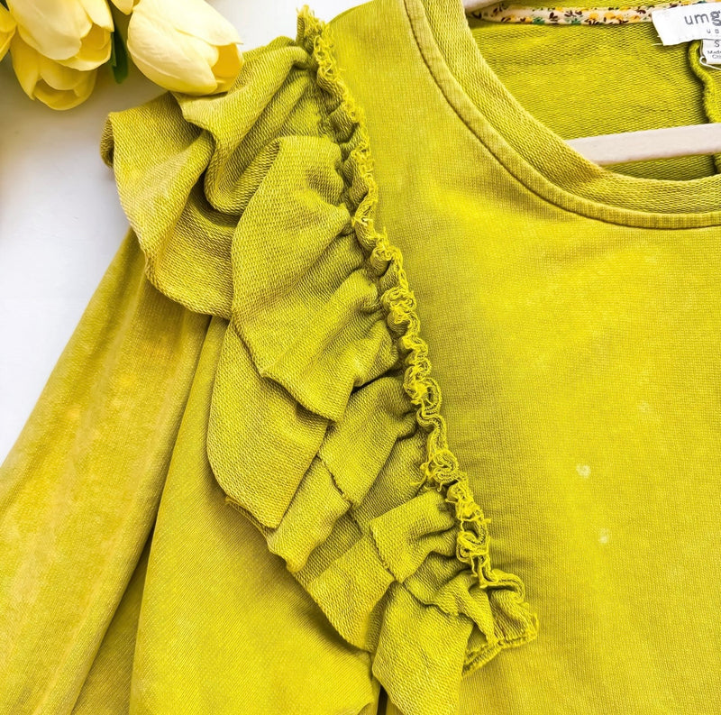 Avocado Green Boxy Cut Mineral Wash French Terry Ruffle 3/4 Sleeve Top