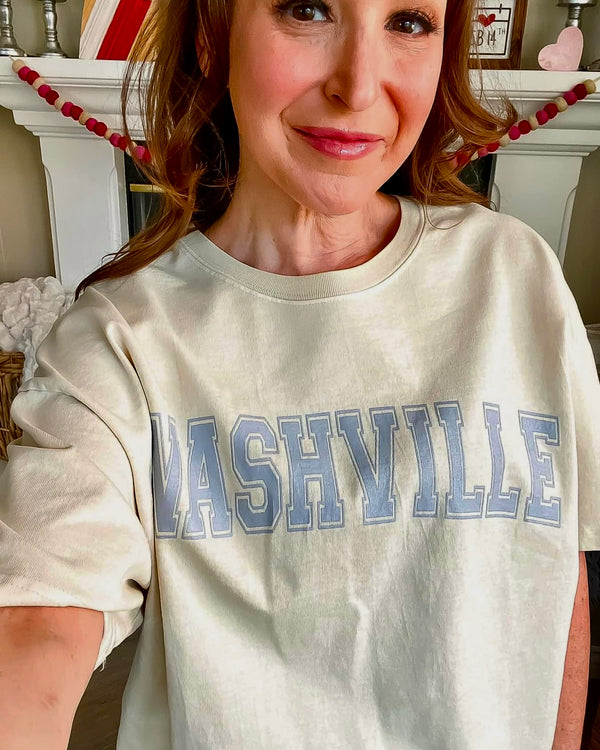 Nashville Cream with Blue Lettering Oversized Collar Open Crew Neck Tshirt
