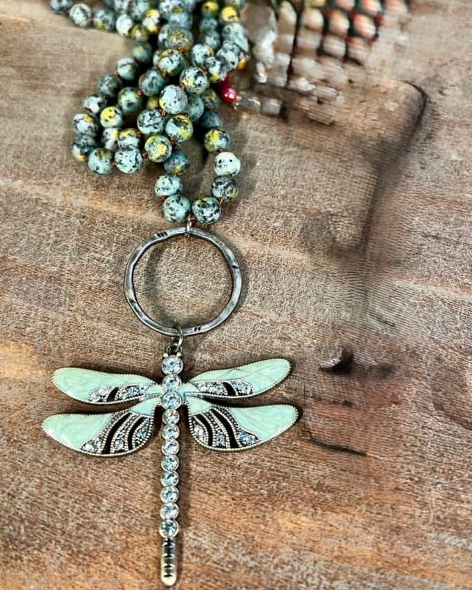 Gray & Green Beaded Long Necklace with DragonFly Rhinestone Pendant