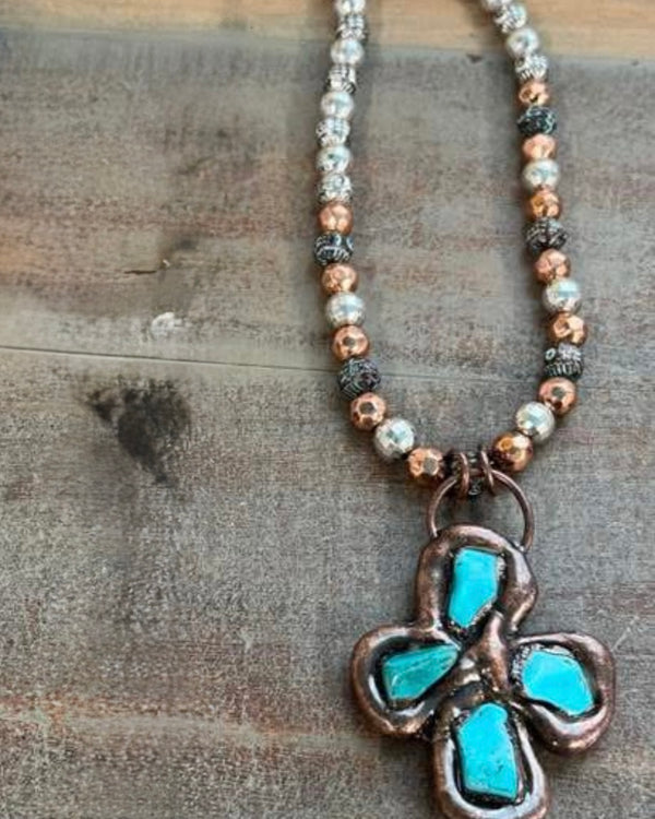Silver & Copper Bead Necklace Turquoise Abstract Cross Set in Copper
