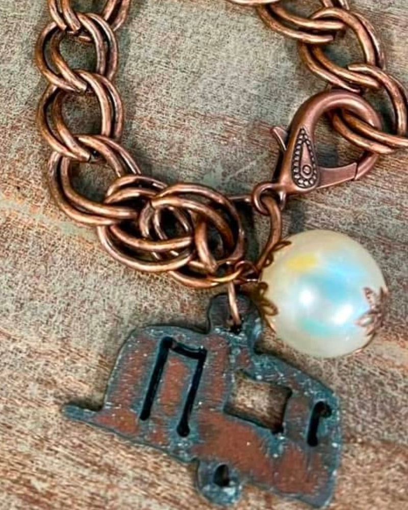 Copper Large Link Chain Bracelet w/Pearl & Copper Charms