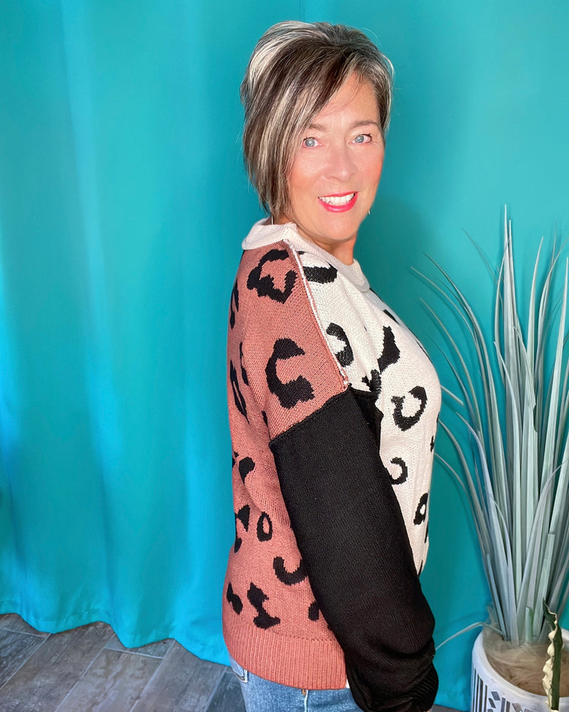 Tan & Black Large Leopard Print Sweater with Contrasting Brown & Black Solid Long Sleeves Light Knit Pullover Top