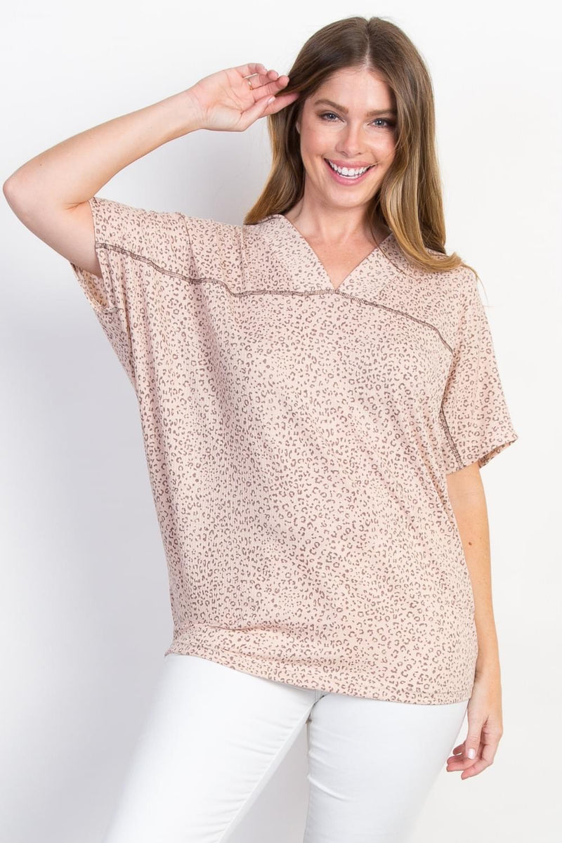 Plus Size Neutral Blush Cheetah Leopard Animal Print Double VNeck Dolman Short Sleeve top