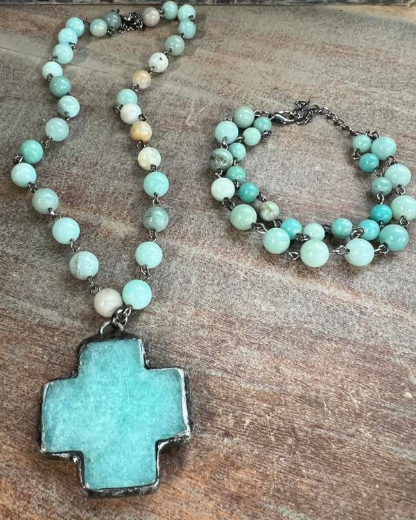Gray, Turquoise or White Short Necklace with Stone Cross Pendant and Matching Beaded Bracelet Set