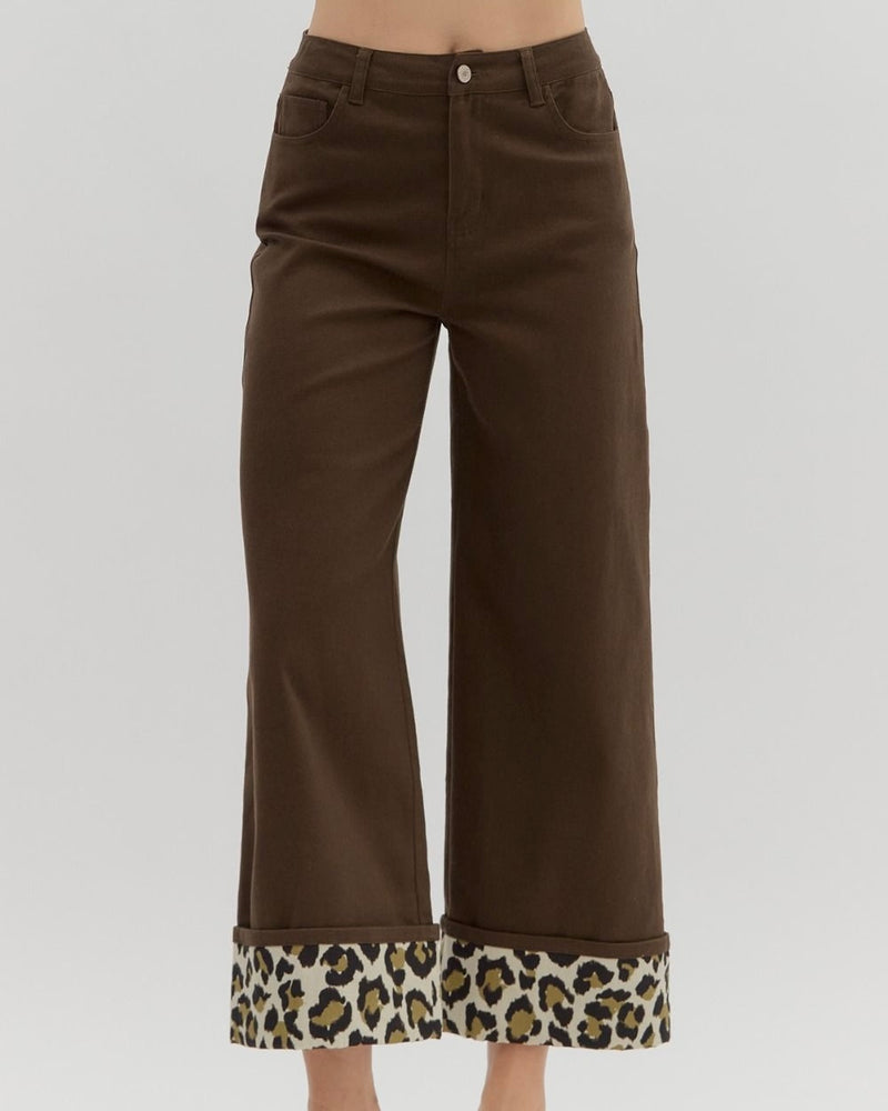 Brown or Khaki Leopard Cuff High Waist Button Fly Wide Leg Pants