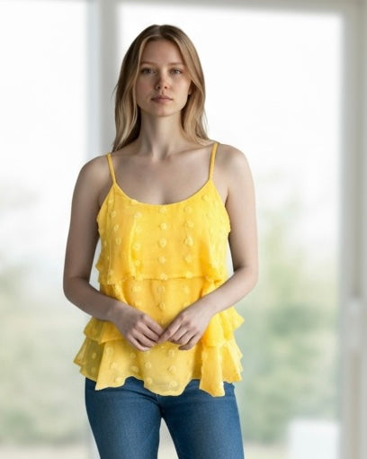 Yellow Gold Swiss Dot Layered Ruffle Adjustable Spaghetti Strap Tank