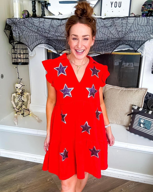 Red French Terry Collared Mini A-Line Dress with Star Sequin Appliqué