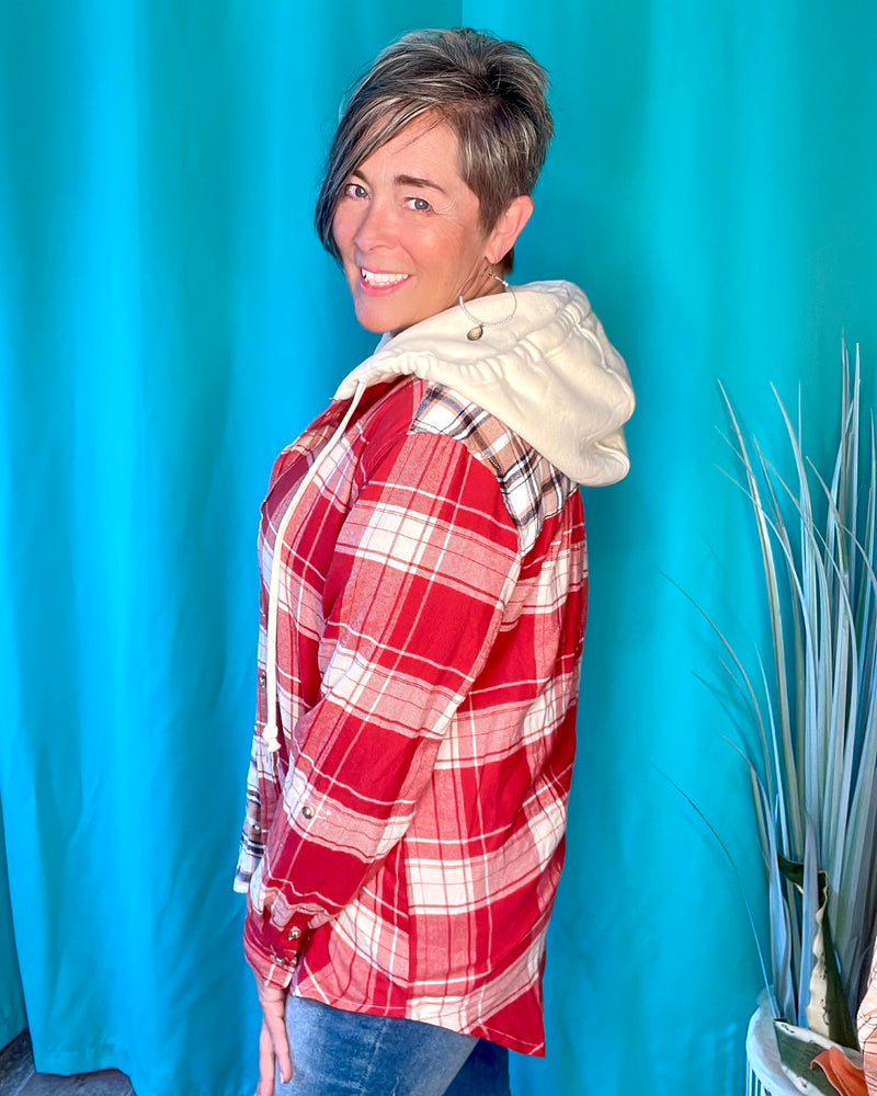 Red & Brown Plaid Color Block Light Flannel Button Down Pocket Hoodie