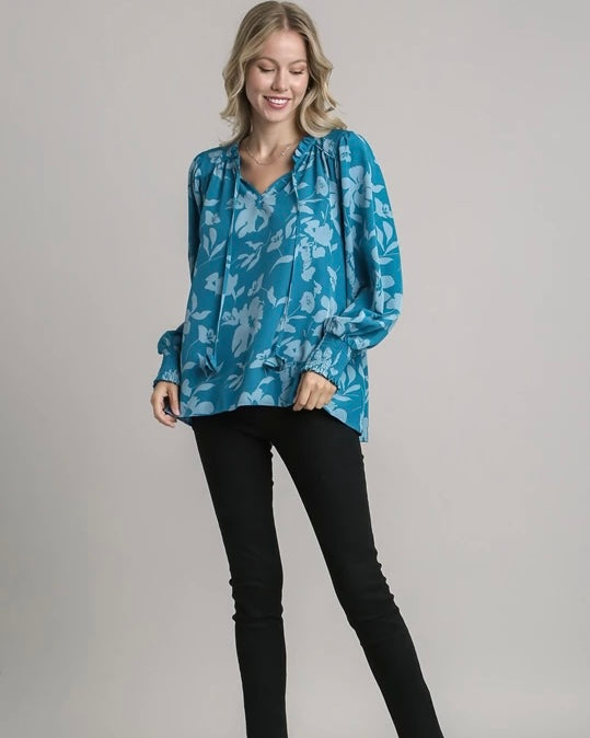 Plus Size Turquoise Teal Blue Floral Print Tie Open Neck Long Smock Cuff Sleeve Top