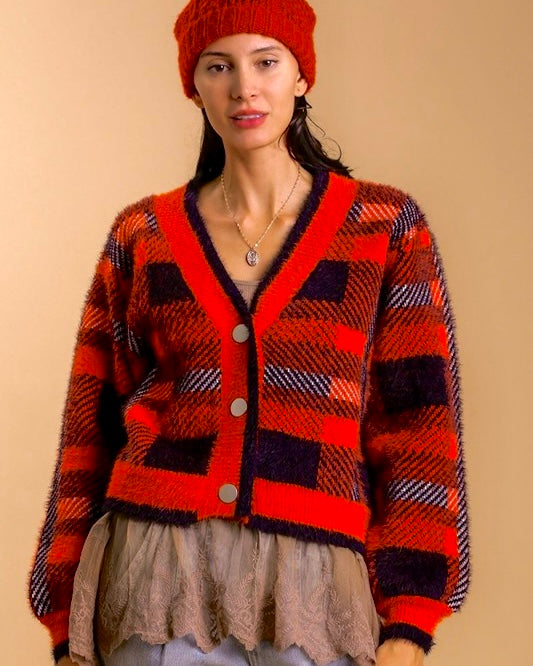 Classic Red & Black Plaid Button Front Waist Style Long Sleeve Sweater Cardigan