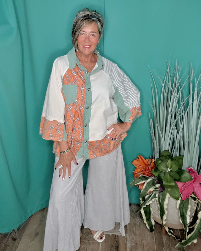 Khaki Gray Wide Flare Leg Elastic Waist Crinkle Pants