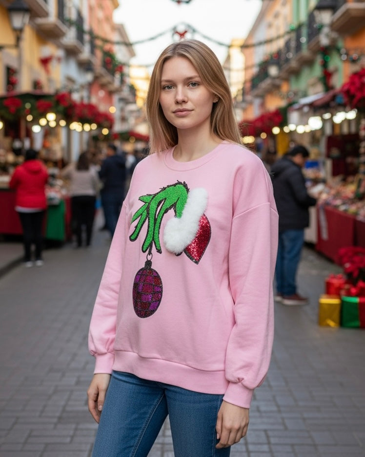 Solid Pink Grinch Hand Sequin Christmas Ball Faux Fur Sweatshirt Top