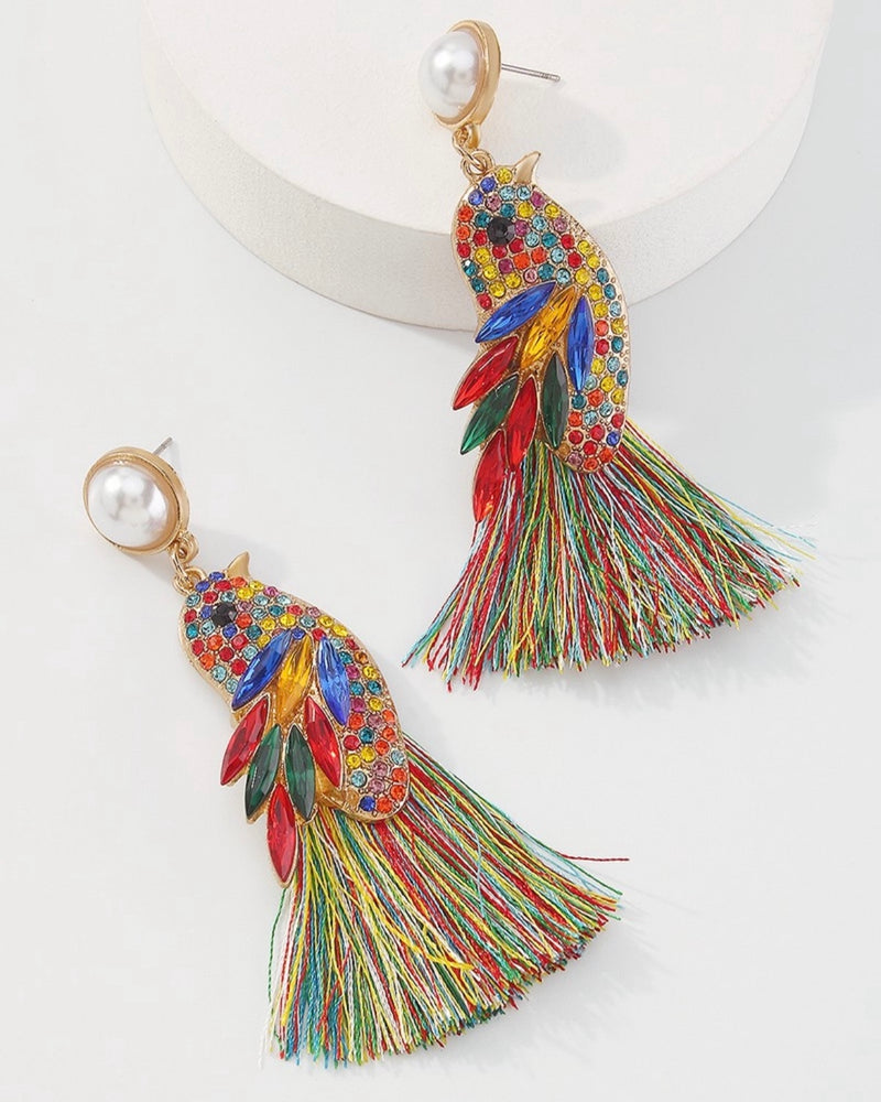 Bright Multicolor or Black Rhinestone Parrot Bird with Feather Fringe Earrings