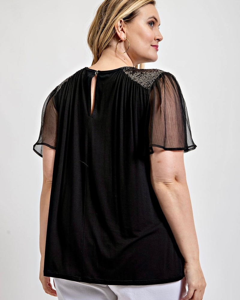 Black Sequin Contrast Shirring Detail Sheer Flutter Flare Short Sleeve Top