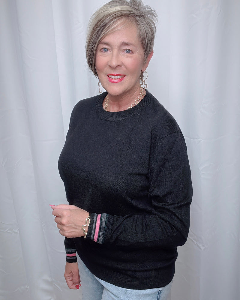 Solid Black or Gray Color Trim Lightweight Long Sleeve Sweater Knit Top