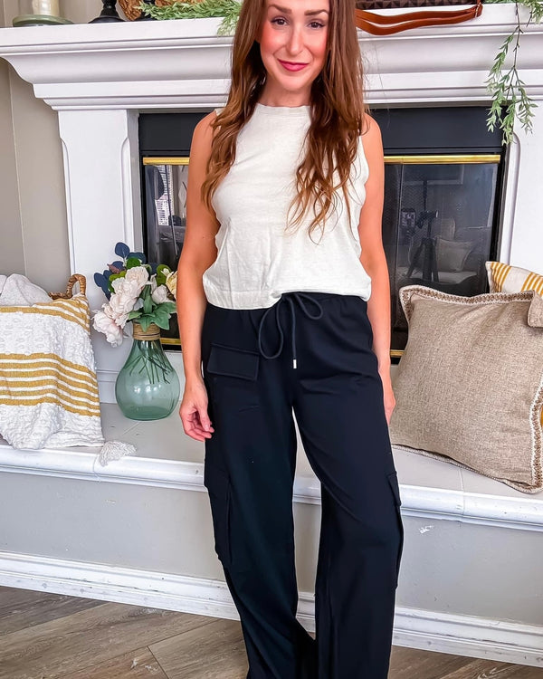 Casual Black Wide Leg Lounge Cargo Pants with Pockets