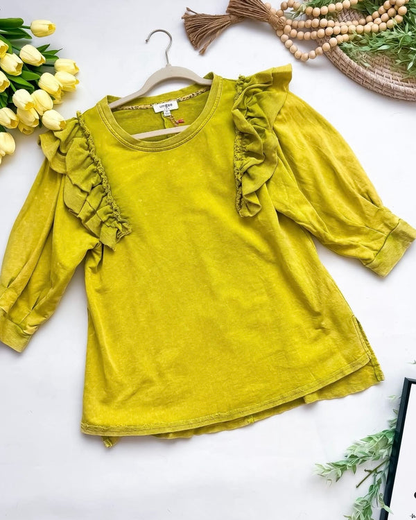 Avocado Green Boxy Cut Mineral Wash French Terry Ruffle 3/4 Sleeve Top