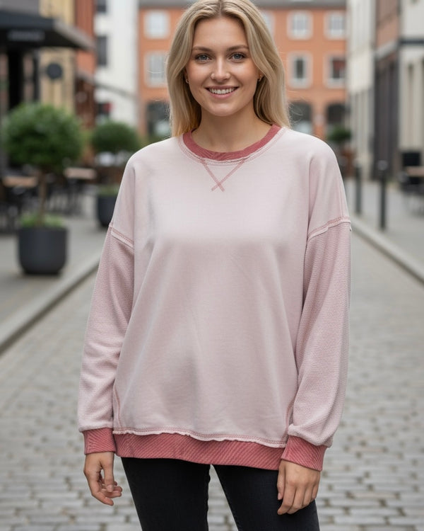 Two Tone Gray or Blush Mauve Textured Long Sleeve Sweatshirt Pullover Top